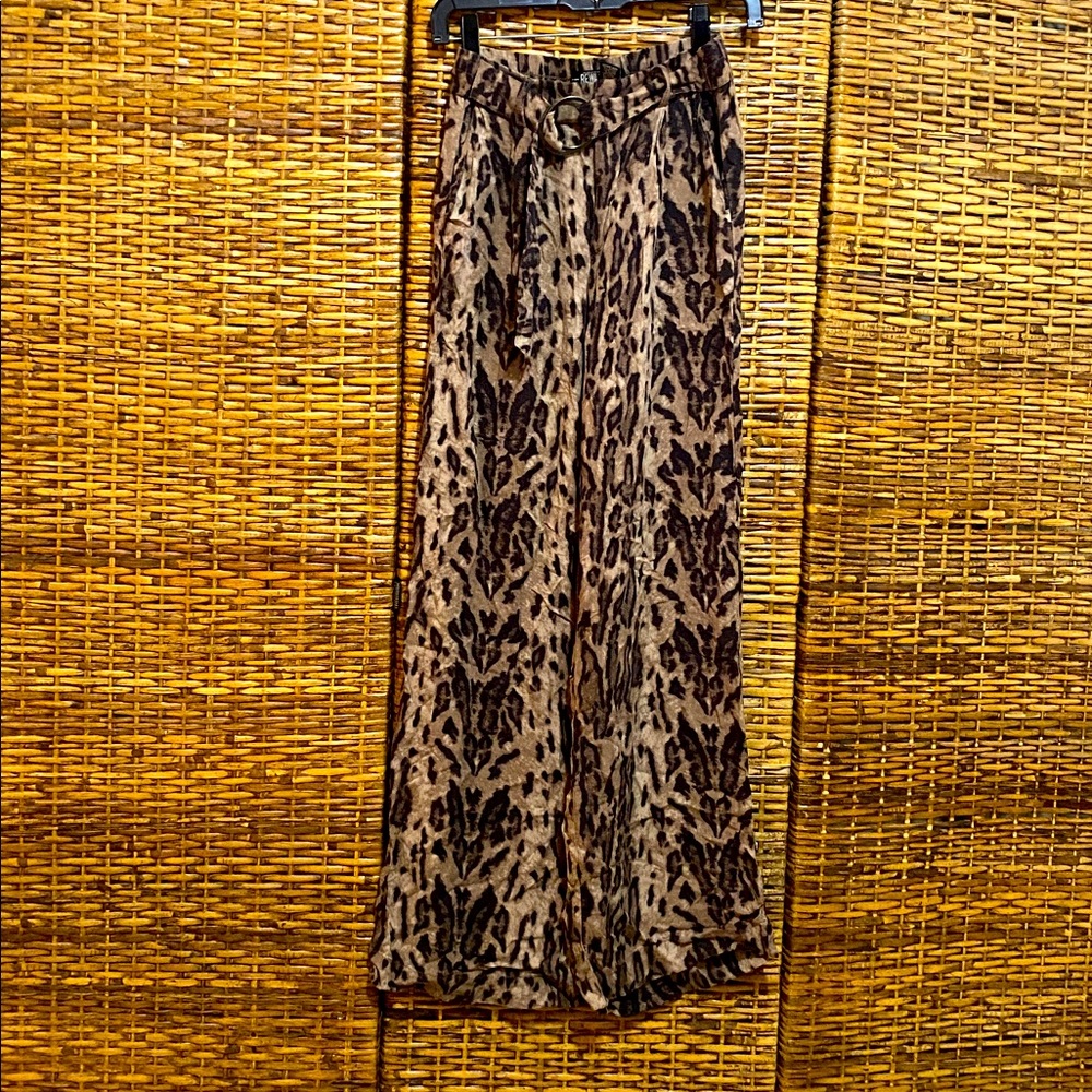 EUC American original Rewash brand brown leopard Wide leg Pants faux  belt S